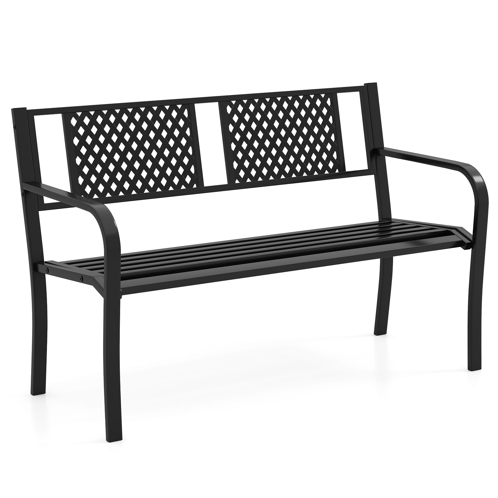 Tangkula Metal Outdoor Garden Bench with Patterned Backrest and Curved Armrests